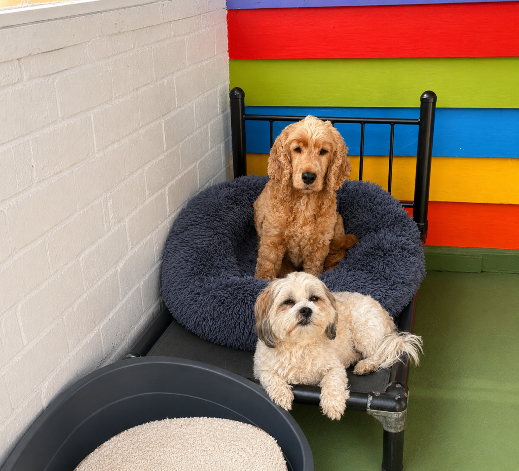 Small dogs relaxing outdoors and socialising at daycare.