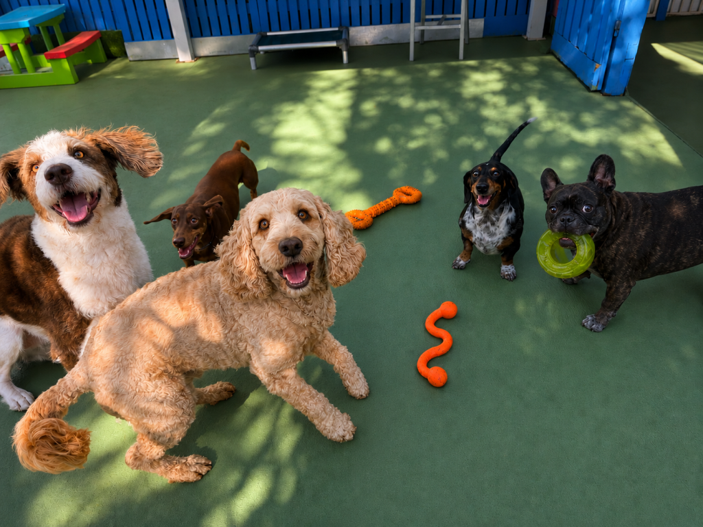 Happy dogs playing with toys in the outdoor daycare yard at Unleashed