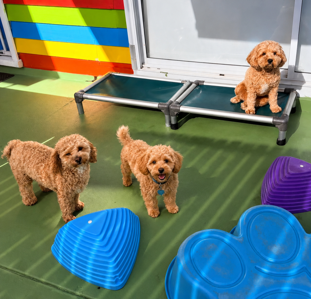 Small and medium dogs exploring in the colourful outdoor daycare at Unleashed