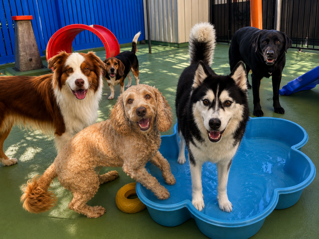 Group of happy dogs playing around a splash pool at Unleashed dog daycare