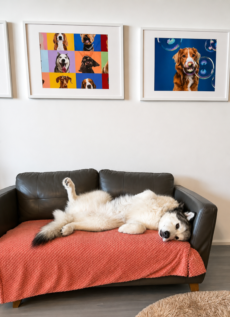 Husky relaxing on a sofa in the calm indoor rest area at Unleashed