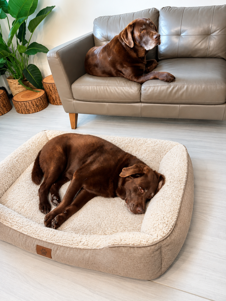 Labradors resting comfortably in the indoor lounge area at Unleashed dog daycare