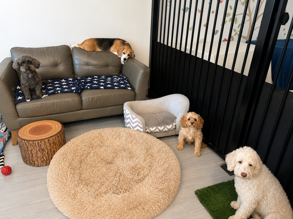 Small dogs relaxing in a cosy indoor dog daycare space at Unleashed in Highett