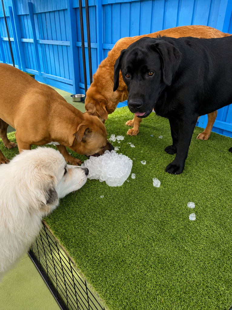 Dogs cooling down with ice during supervised outdoor play at Unleashed daycare.