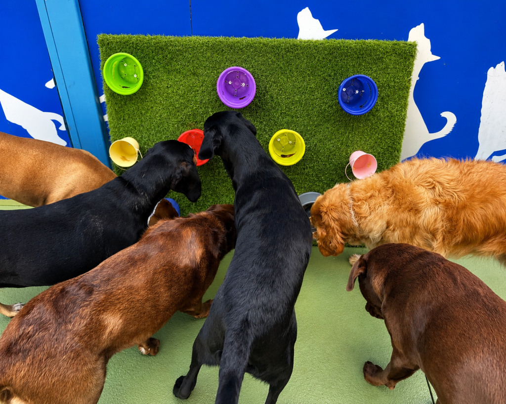 Dogs exploring a colourful sniff wall during enrichment play at Unleashed daycare