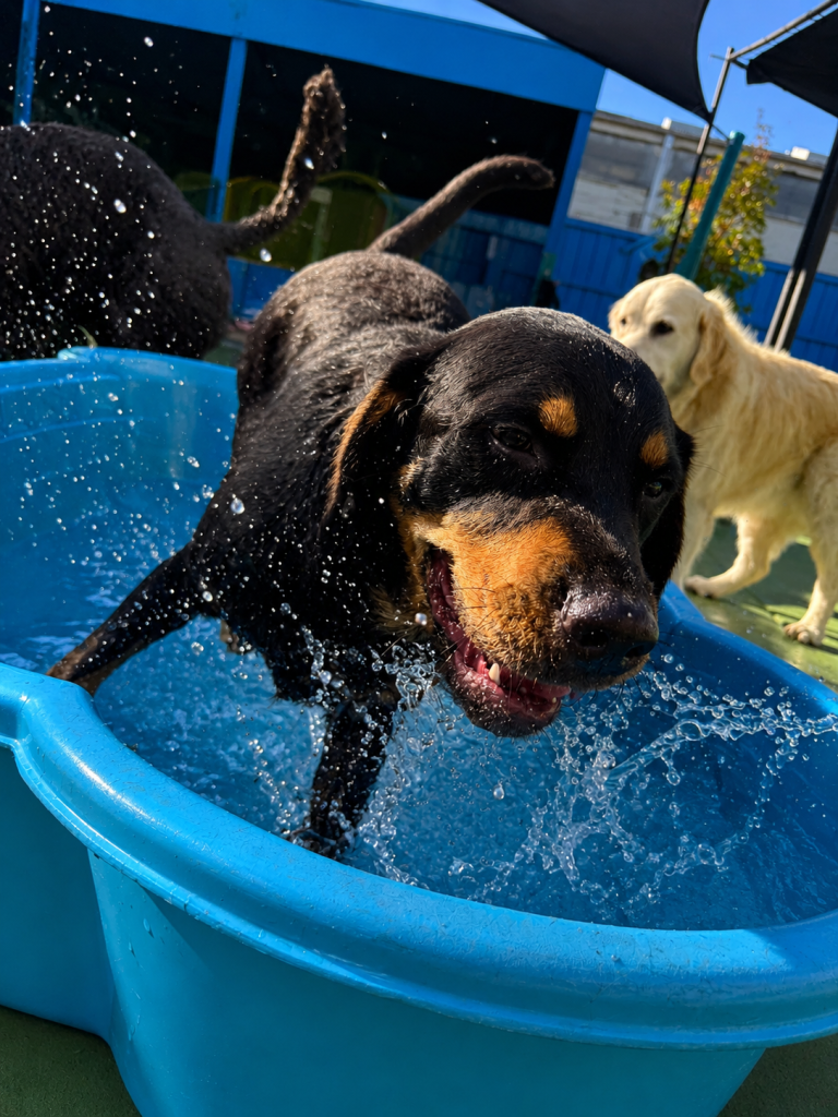 Dog splashing in a blue paddling pool during outdoor daycare play