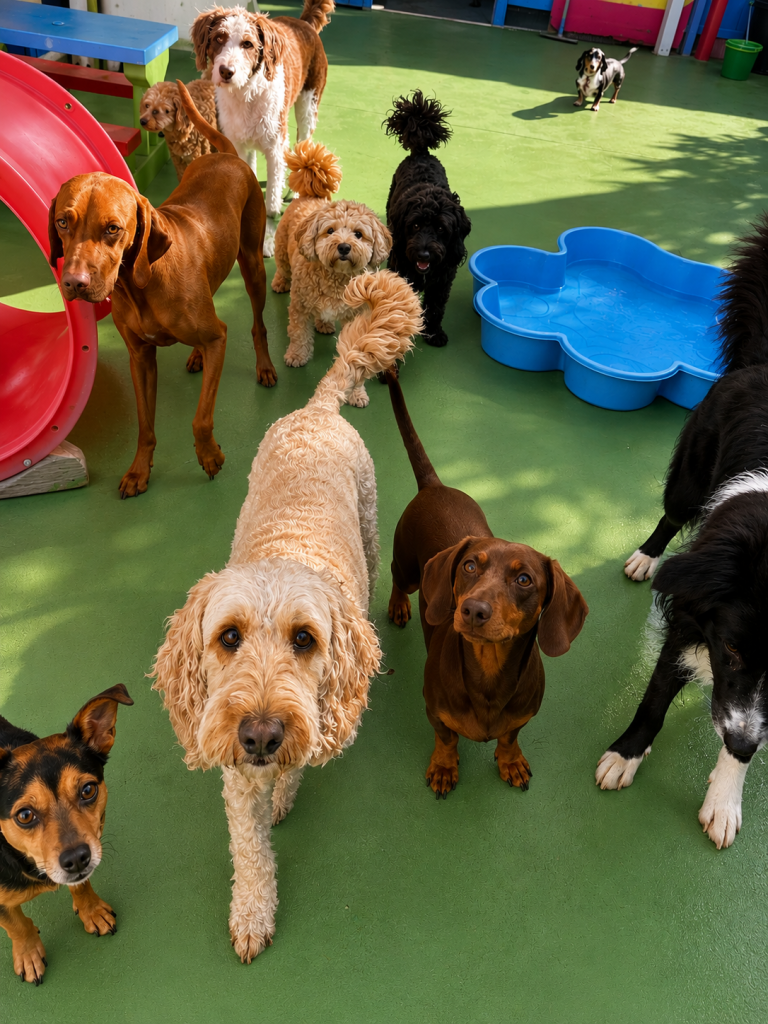 Group of various dog breeds enjoyed supervised play at Unleashed