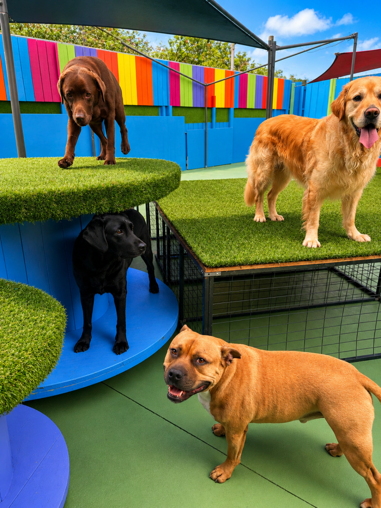 Dog playing and posing on raised platforms at Unleashed dog daycare.