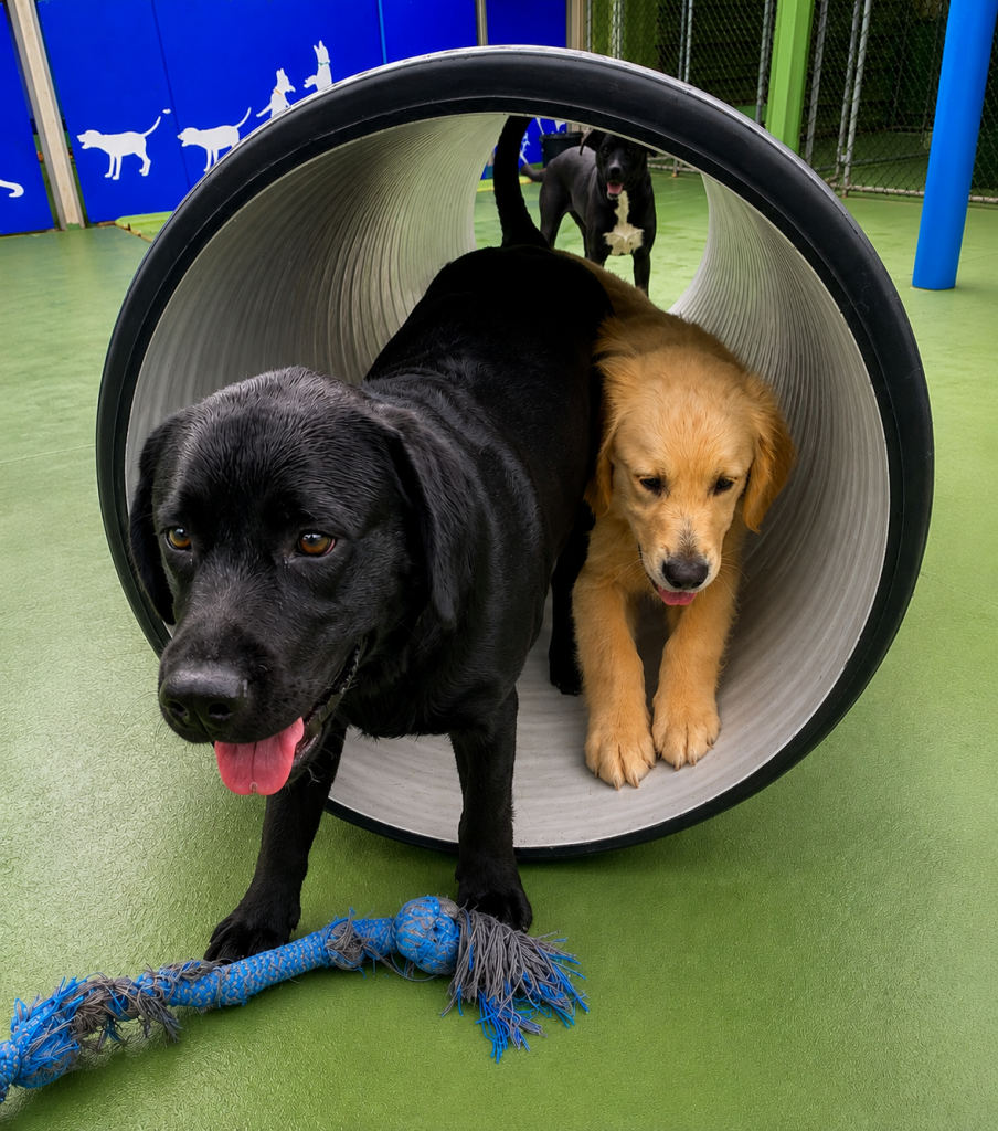 Dogs playing together in an agility tunnel with a tug rope toy.