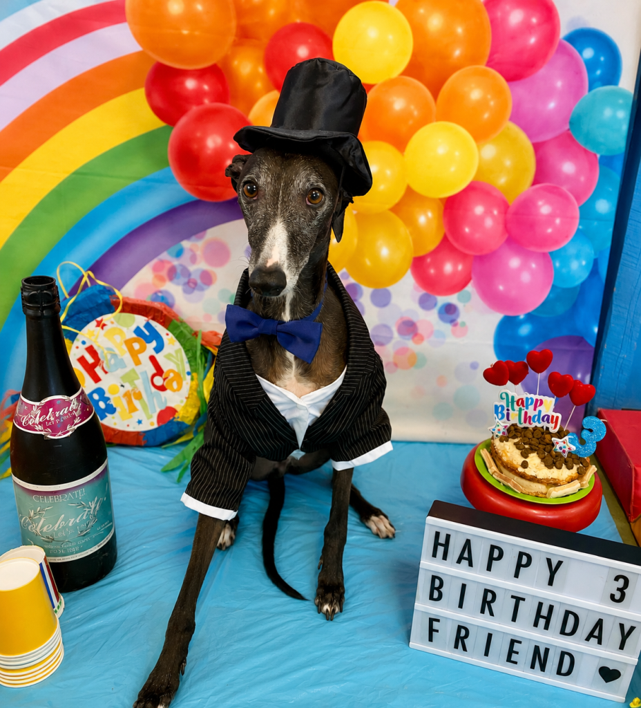 Dog dressed in a tuxedo for a birthday celebration at Unleashed daycare.
