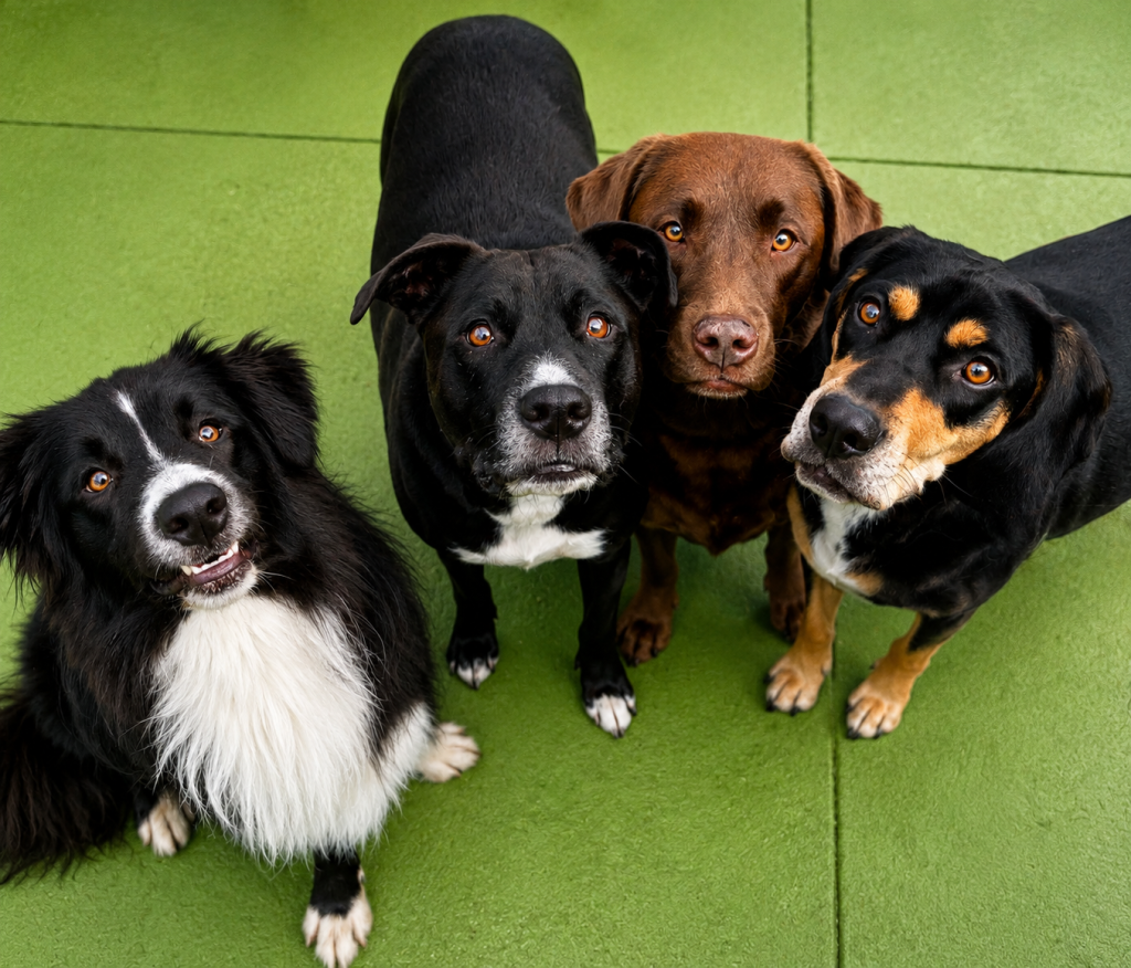 Four dogs looking up during supervised play at Unleashed dog daycare.