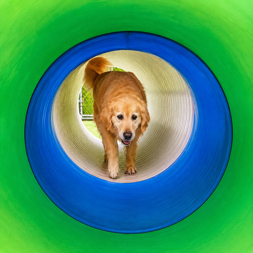 Golden retriever walking through a colourful agility tunnel at Unleashed.