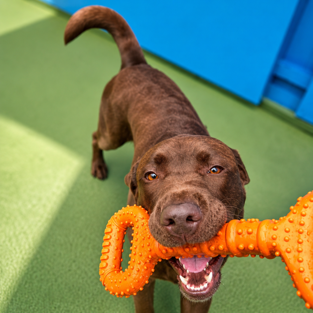 Happy Chocolate Labrador playing tug with orange toy at Unleashed daycare