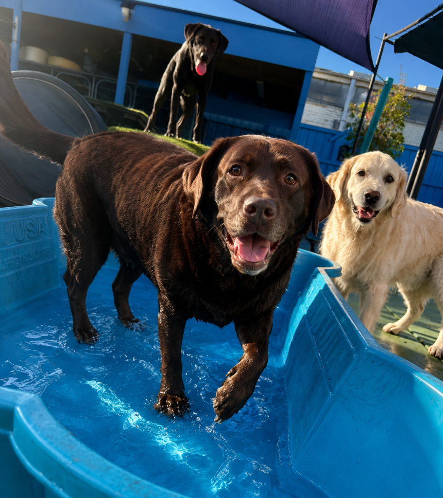 Chocolate Labrador enjoying water play in a blue splash pool at Unleashed daycare.