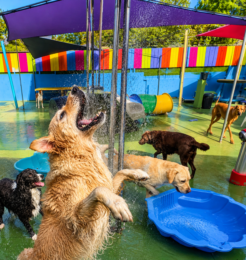 Dogs enjoying water play and sprinklers in the colourful Unleashed daycare yard.