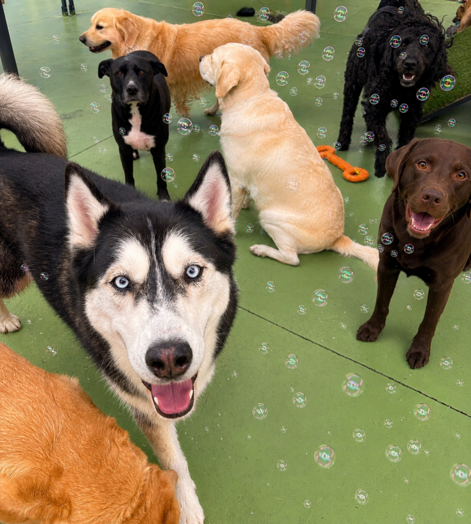 Dogs enjoying bubbles during outdoor playtime at Unleashed daycare.