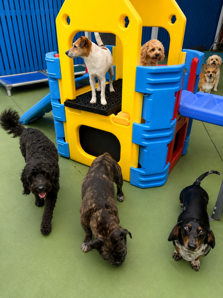 Dogs exploring colourful play equipment in the outdoor daycare yard at Unleashed