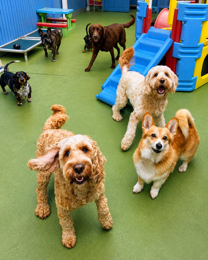 Dogs of different breeds enjoying supervised play at Unleashed dog daycare.