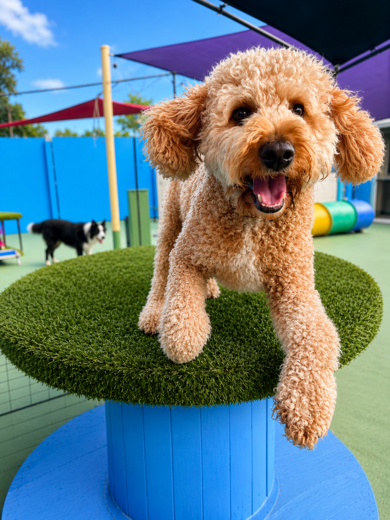 Curly haired dog posing on top of outdoor equipment