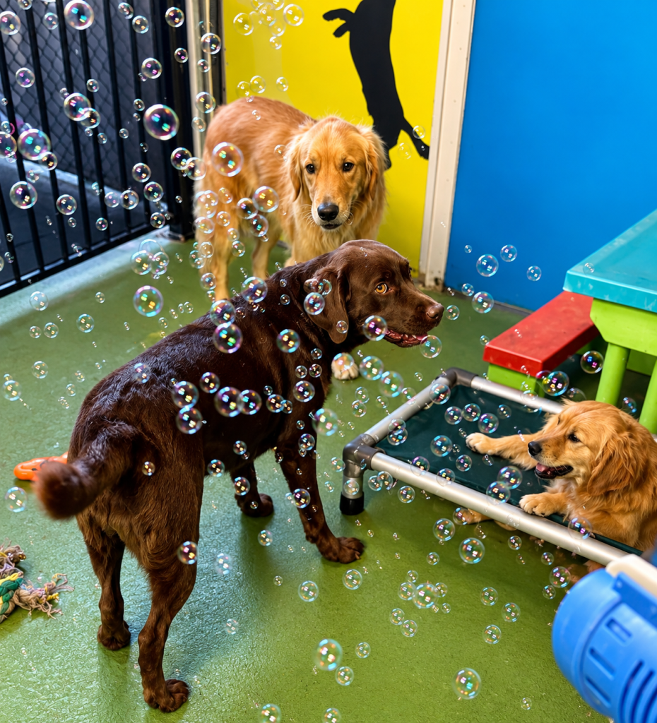 Dogs enjoying bubble fun and play at daycare