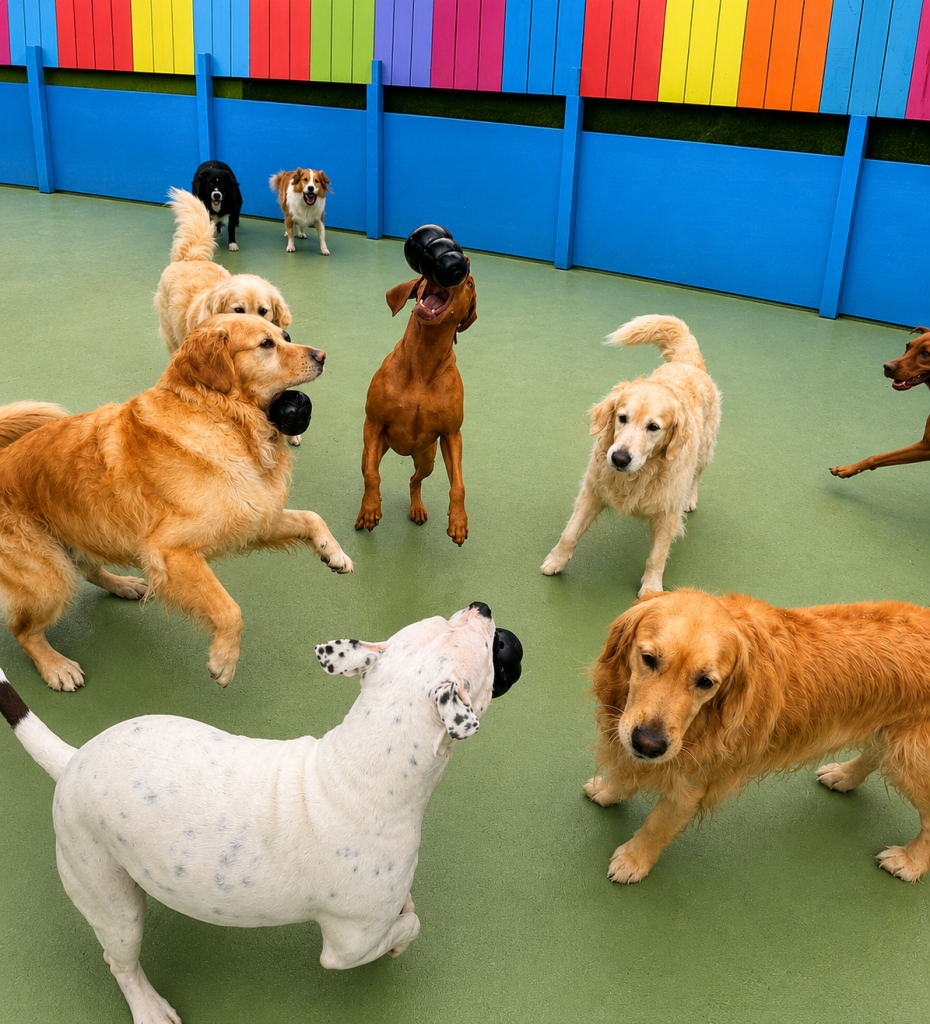 Group of dogs playing with Kong toys outside
