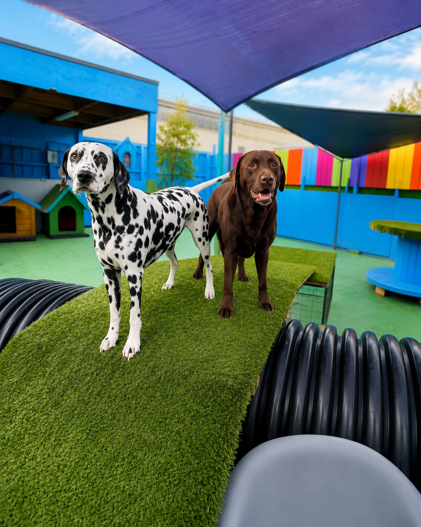 Dalmatian and Labrador posing on outdoor equipment at Unleashed