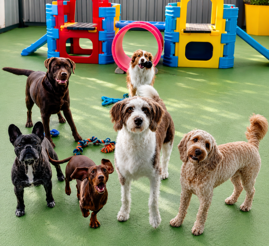Small dogs enjoying sunny outdoor playtime at Unleashed dog daycare in Highett