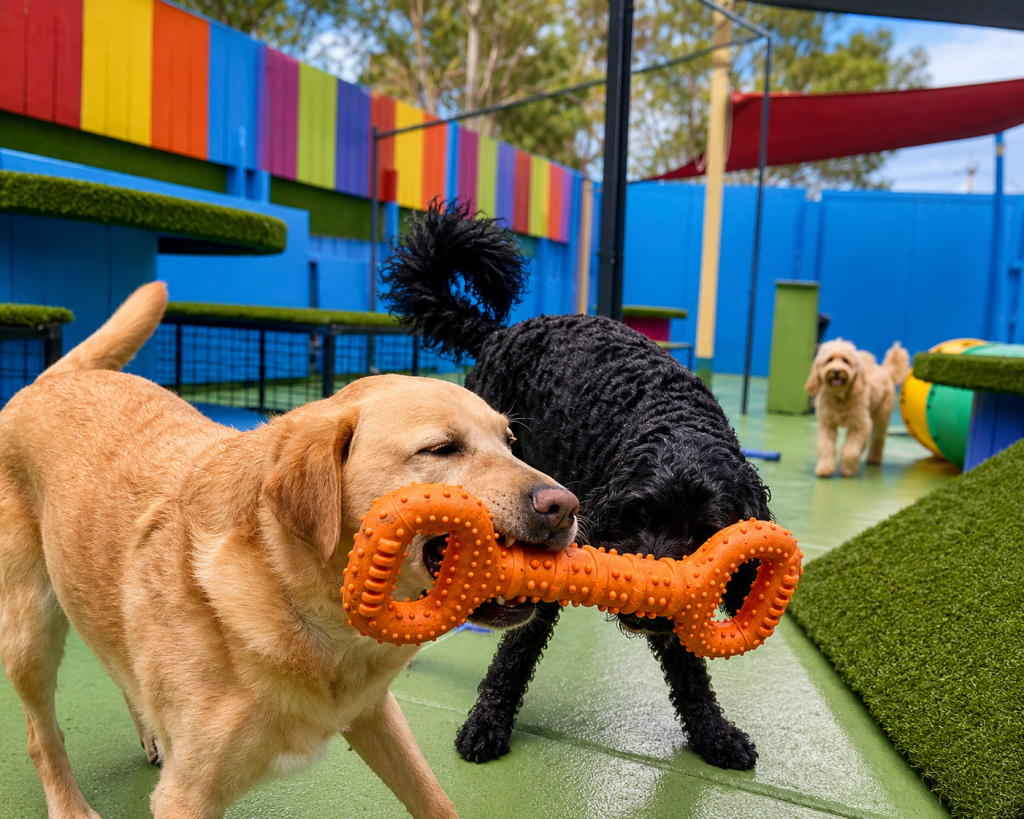 Labrador and Groodle enjoying fun times outside at daycare