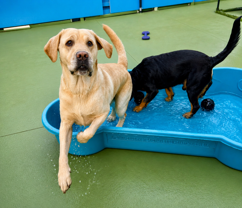 Labrador enjoying splash time in the pool at Unleashed.