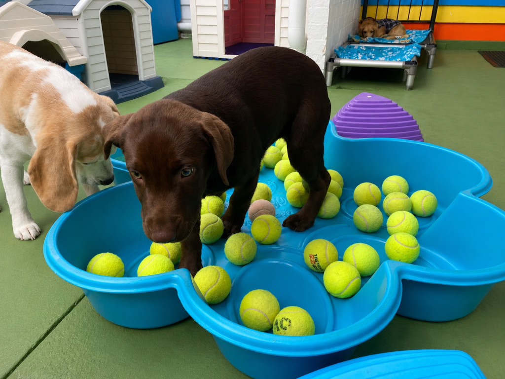 Labrador puppy exploring a pool of balls at Unleashed Puppy Creche