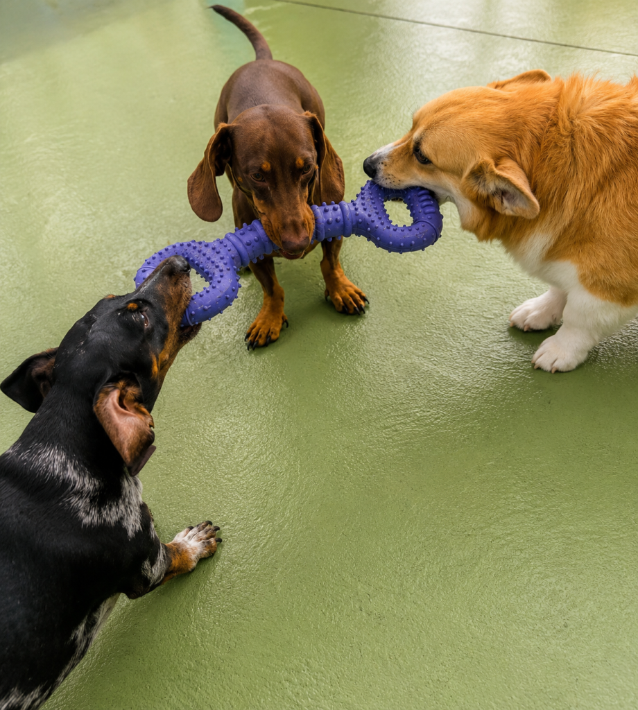 Small dogs playing with tug toy at Unleashed daycare