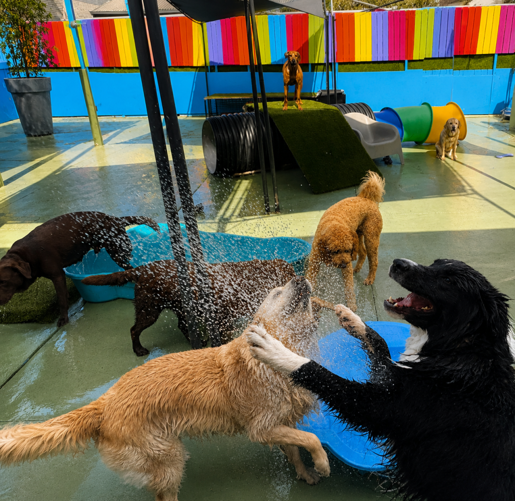 Dogs enjoying water play and sprinklers in the colourful Unleashed daycare yard